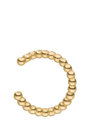 Offener kreisförmiger Goldring, bestehend aus kleinen verknüpften, strukturierten Perlen, vor einem weißen Hintergrund.