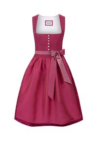 Pink fabric dress with a fitted bodice, square neckline, and a flared skirt. Features buttons down the front and a matching ribbon belt.