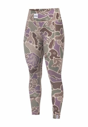 Leggings made of stretchy fabric featuring an abstract floral pattern in shades of purple, green, and brown with a high-rise waistband.