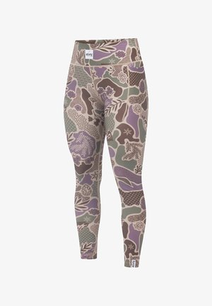 Leggings gemaakt van rekbaar stof met een abstracte bloemmotief in tinten paars, groen en bruin, voorzien van een hoge tailleband.