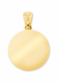 Guld rund medaljong med en slät, glänsande yta. Toppen har en säker ögla för fäste. Märkt med "925" för silverinnehåll.