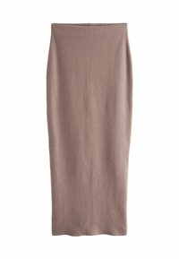 Strikholdende pencil-skirt i en blød taupe farve. Tæt design med en glat tekstur, ingen synlige mønstre eller hardware. Mellemlang.