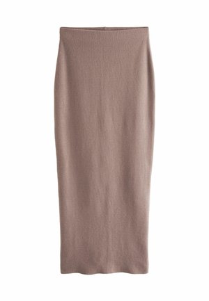 Pletená ceruzková sukňa v mäkkej taupe farbe. Priliehavý strih s hladkou textúrou, bez viditeľných vzorov alebo kovania. Stredná dĺžka.
