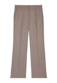 Brązowe spodnie w kratę z gładkiego materiału; szerokie nogawki z kieszeniami i czystym, dopasowanym wykończeniem.