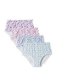 Quattro paia di biancheria intima da donna in diverse tonalità: viola, rosa, blu e turchese. Ognuno presenta un motivo floreale e una morbida vita elasticizzata.