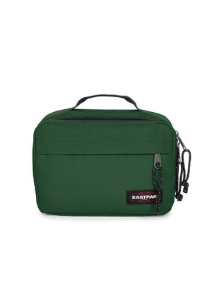 Green nylon Eastpak bag with a top handle, front pocket, and zipper closure. Features a black logo patch and textured surface.