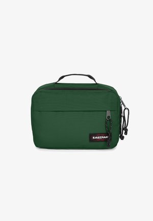Borsa Eastpak verde in nylon con manico superiore, tasca frontale e chiusura con zip. Presenta un'etichetta nera e una superficie strutturata.