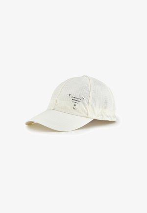 Casquette de baseball en tissu blanc cassé avec un motif en grille subtil et un petit texte noir « Champion Worldwide C-Tech » sur le panneau avant.