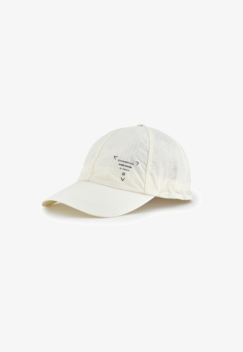 Casquette de baseball en tissu blanc cassé avec un motif en grille subtil et un petit texte noir « Champion Worldwide C-Tech » sur le panneau avant.