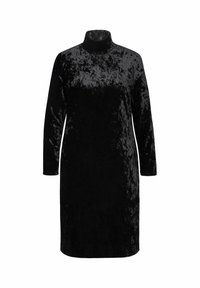 Vestito nero di velluto con collo alto, maniche lunghe e taglio a media lunghezza. Tessuto morbido con una leggera lucentezza. Nessun motivo o accento visibile.