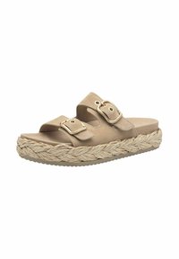 Beige suede sandals with two adjustable straps, gold-tone hardware, and a braided jute platform sole. Flat rubber outsole for grip.