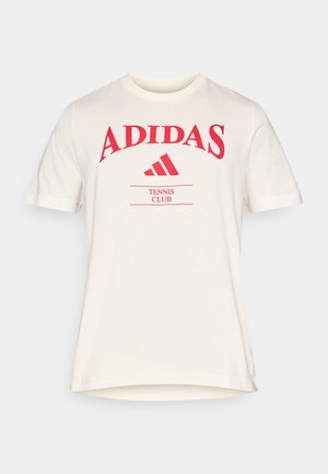 Cream-colored cotton t-shirt featuring a bold red "ADIDAS" logo and "TENNIS CLUB" text on the front, short sleeves, and a relaxed fit.