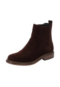 Stivaletto alla caviglia in camoscio marrone con pannelli laterali cuciti, punta rotonda, tacco basso impilato e linguetta per una vestibilità facile. Tomaia strutturata con dettagli sottili.