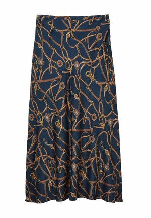 Navy skirt with a glossy finish, featuring a gold and brown equestrian-inspired print of harnesses and hardware. Elastic waistband.