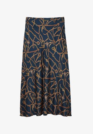 Navy skirt with a glossy finish, featuring a gold and brown equestrian-inspired print of harnesses and hardware. Elastic waistband.