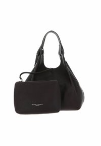 Grande borsa in pelle nera con finiture texturizzate e due manici resistenti, accompagnata da una pochette con zip più piccola coordinata.