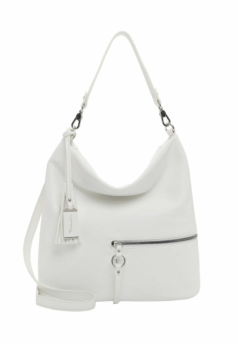 Sac à épaule en cuir blanc avec une bandoulière détachable, une poche zippée à l'avant et un pompon décoratif avec des ferrures en métal.