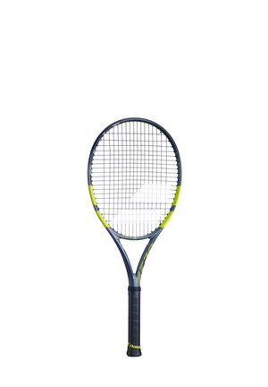 Tennisracket med sort håndtag og mørkegrå ramme med gule detaljer på siderne og strenge i et gittermønster.