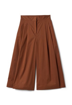 Pantalon culotte marron à jambes larges avec plis et taille haute, présenté à plat sur fond blanc.