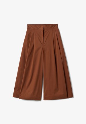 Pantalon culotte marron à jambes larges avec plis et taille haute, présenté à plat sur fond blanc.