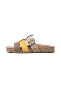 Slide sandal with a cork sole, featuring gray, beige, and yellow suede straps, adjustable gold buckle, and textured light brown outer sole.