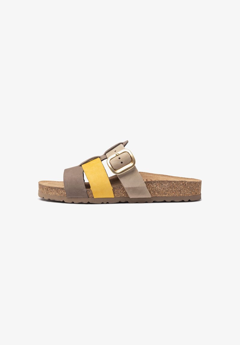 Slide sandal with a cork sole, featuring gray, beige, and yellow suede straps, adjustable gold buckle, and textured light brown outer sole.