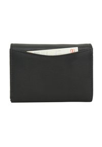 Black leather wallet featuring a smooth texture, rectangular shape, and a card slot at the top, with part of a card visible.