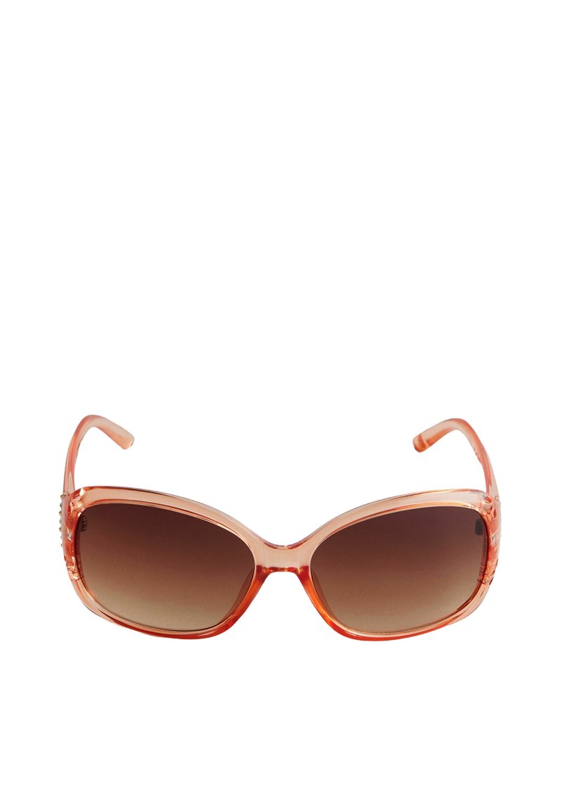 Lunettes de soleil surdimensionnées avec une monture orange transparente, des verres bruns dégradés et des accents décoratifs sur les branches. Texture lisse.