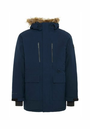 Tumši zilas krāsas parka ar kapuci, mākslīgās kažokādas apdari, divām krūšu kabatām ar rāvējslēdzēju, divām apakšējām kabatām ar atloku un regulējamiem aproces galiem. Gluda, ūdensizturīga auduma.