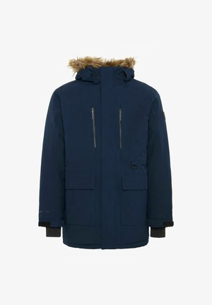 Laivansinisellä hupullisella parka-takilla on tekoturkistukka, kaksi rintataskua vetoketjulla, kaksi alempaa läpällistä taskua ja säädettävät hihansuut. Sileä, vedenpitävä kangas.