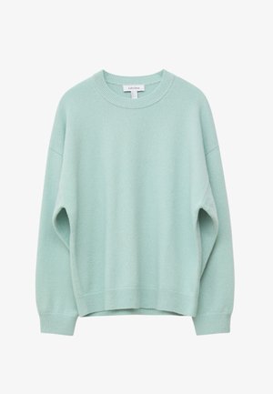 Lyse mintgrøn sweater lavet af blødt stof med rund halsudskæring, faldende skuldre samt ribstrikkede ærmegab og kant.