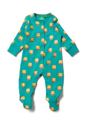 Langärmliger Einteiler in Türkis mit einem wiederholten Hundekopf-Muster in Gelb und Braun, mit Druckknopf-Verschlüssen an der Vorderseite und Füßchen-Design.