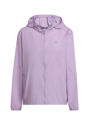 Hellblaue Sportjacke mit Reißverschluss auf der Vorderseite, Kapuze und Seitentaschen. Verfügt über reflektierende Akzentuierungen an den Ärmeln und ein Markenlogo auf der Brust.