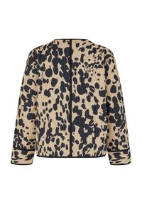Giacca trapuntata beige con un motivo a pois neri, caratterizzata da un collo rotondo, maniche lunghe e dettagli neri lungo i polsini e l'orlo.