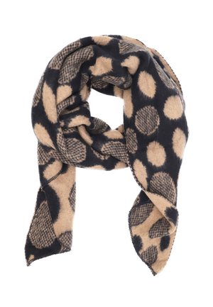 Sciarpa di lana caratterizzata da un mix di grandi e piccoli pois neri su uno sfondo beige. Texture morbida e bordi frangiati. Forma rettangolare complessiva.