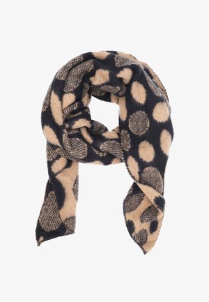 Sciarpa di lana caratterizzata da un mix di grandi e piccoli pois neri su uno sfondo beige. Texture morbida e bordi frangiati. Forma rettangolare complessiva.