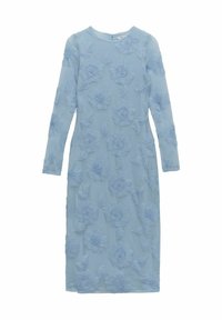 Robe bleu clair à manches longues, ornée de broderies florales sur l'ensemble, confectionnée dans un tissu transparent. Encolure ronde et design longueur genou.