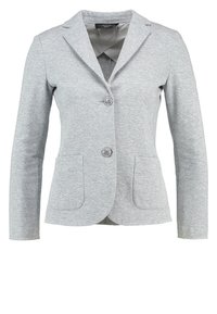 Lichtgrijze blazer van gladde stof. Voorzien van een notch-kraag, twee voorzakken, twee knopen en een gestreepte binnenvoering.