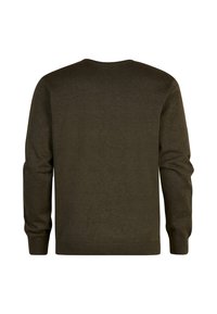 Dark olive green sweater featuring long sleeves, a round neckline, and a smooth knit texture. Simple design with no visible patterns or accents.
