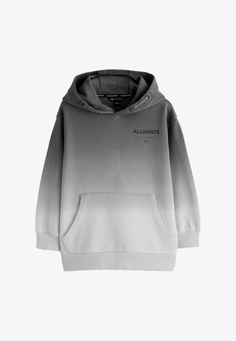 Bluza z kapturem o gradiencie od ciemnoszarego do jasnoszarego, z przednią kieszenią typu kangurka oraz logo "ALLSAINTS" z małym napisem na piersi.