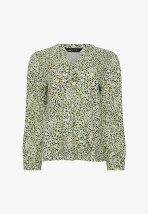 Langærmet blomsterbluse med små hvide og gule blomster, V-hals og fire knapper foran, vist på en ens hvid baggrund.