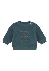 Teal sweatshirt van zacht materiaal, met een ronde hals, korte mouwen en geborduurde tekst "HAVE A GOOD DAY" in kleurvolle letters.