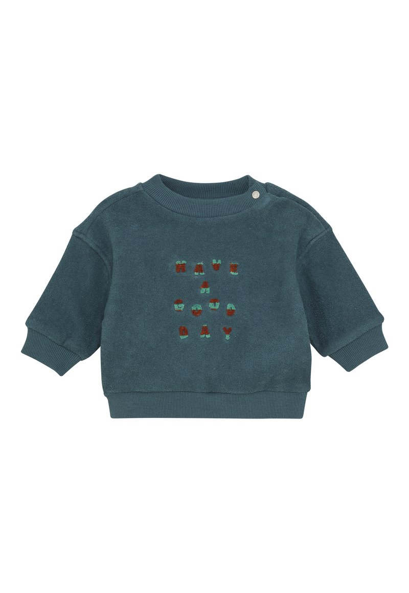 Teal sweatshirt van zacht materiaal, met een ronde hals, korte mouwen en geborduurde tekst "HAVE A GOOD DAY" in kleurvolle letters.