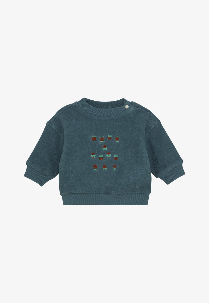 Sweatshirt turquoise en tissu doux, avec un col rond, des manches courtes et du texte brodé "HAVE A GOOD DAY" en lettres colorées.