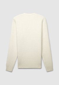 Helle Cremepullover, weiche Textur, Rundhalsausschnitt, lange Ärmel, gerippte Bündchen und Saum, minimalistisches Design, von hinten gezeigt.