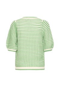 Zelena in bela pulover z vzorcem črt, z kratkimi napihnjenimi rokavi in rebrastimi manšetami, prikazan od zadaj na belem ozadju.