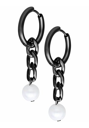 Black hoop earrings with three linked chain segments each, ending in a single white round pearl drop.
