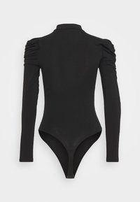 Black long-sleeve bodysuit with ruched shoulder details, high collar, and a thong cut bottom. Smooth fabric with a fitted silhouette.