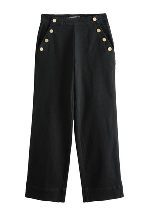 Pantaloni neri a gamba larga in tessuto leggero, con dettagli di bottoni dorati sulle tasche e orlo risvoltato.