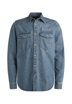 Svijetloplavi traper košulja dugih rukava, s dugim rukavima, dugmadima sprijeda, dva džepa na prsima i reljefnom oznakom. Ima klasičan zapadnjački stil.